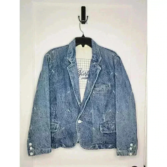Size Medium Large Vtg Gasoline Denim Blazer Jacket Abstract Floral - Picture 1 of 4